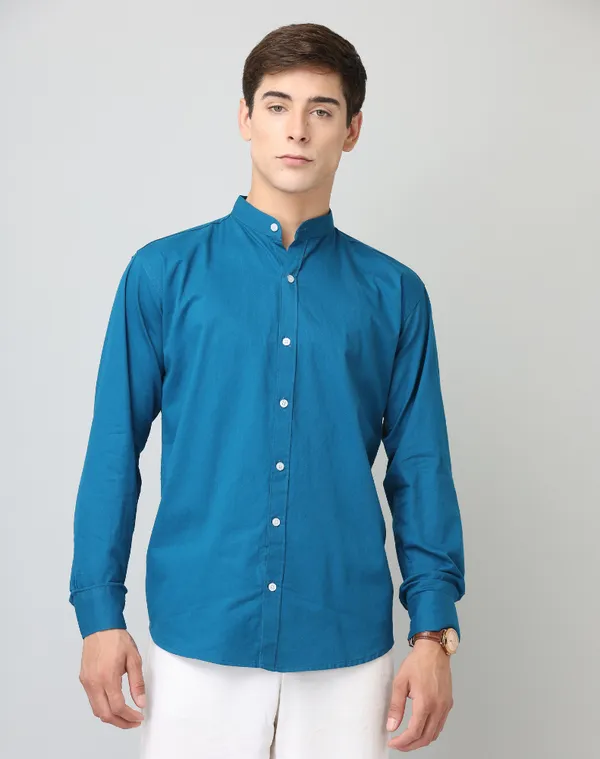 Chinese_Collar_Peacocke_Blue_Solid_Tailored_Fit_Cotton_Casual_Shirt_For_Man