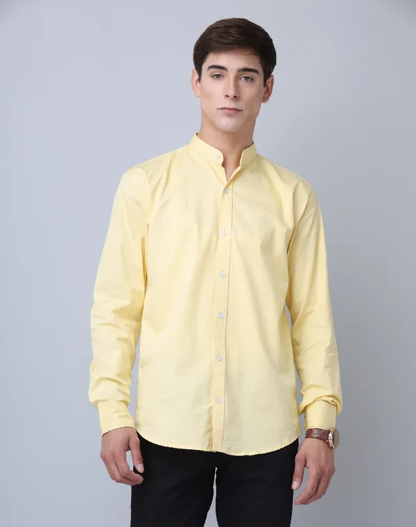Chinese_Collar_Yellow_Tailored_Fit_Cotton_Casual_Shirt_For_Man