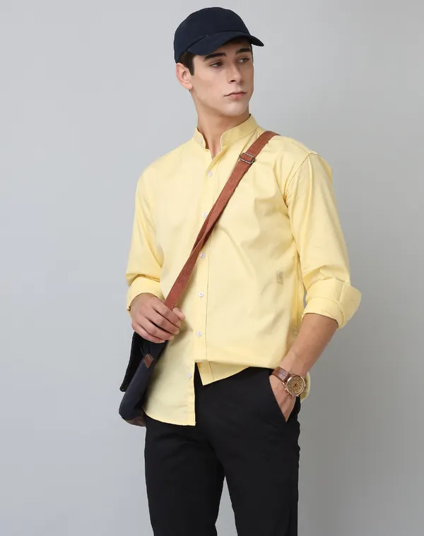 Chinese_Collar_Yellow_Tailored_Fit_Cotton_Casual_Shirt_For_Man