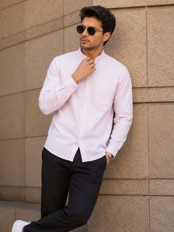 Chinese_Collar_Light_Pink_Tailored_Fit_Cotton_Casual_Shirt_For_Man