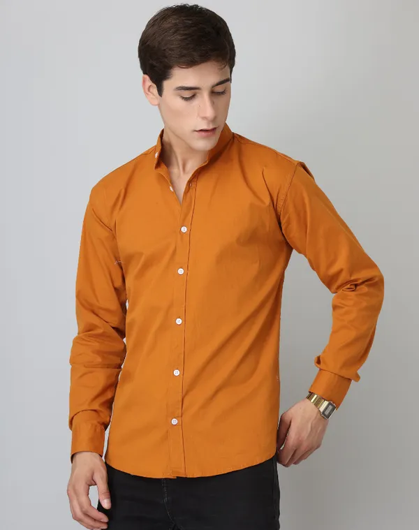 Chinese_Collar_Mustard_Tailored_Fit_Cotton_Casual_Shirt_For_Man