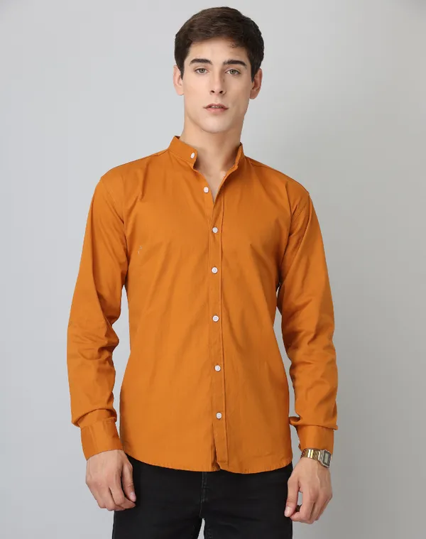 Chinese_Collar_Mustard_Tailored_Fit_Cotton_Casual_Shirt_For_Man