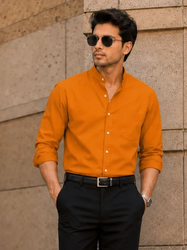 Chinese_Collar_Mustard_Tailored_Fit_Cotton_Casual_Shirt_For_Man