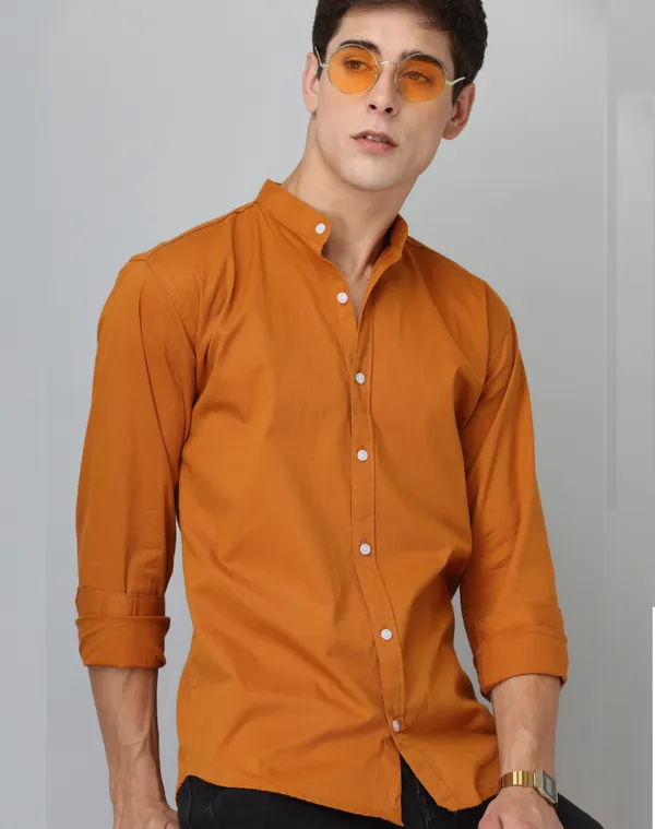 Chinese_Collar_Mustard_Tailored_Fit_Cotton_Casual_Shirt_For_Man