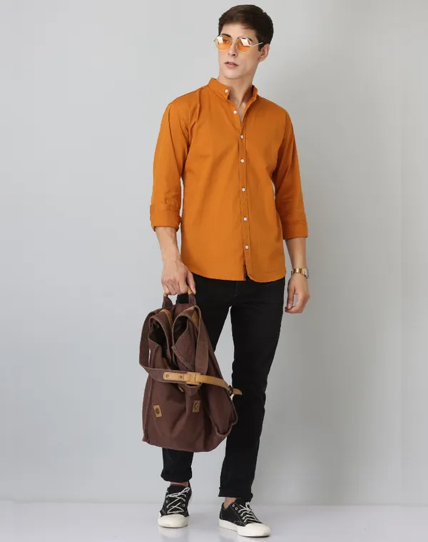 Chinese_Collar_Mustard_Tailored_Fit_Cotton_Casual_Shirt_For_Man