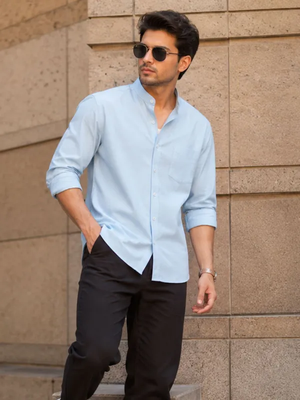 Chinese_Collar_Light_Blue_Tailored_Fit_Cotton_Casual_Shirt_For_Man