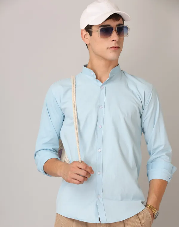 Chinese_Collar_Light_Blue_Tailored_Fit_Cotton_Casual_Shirt_For_Man