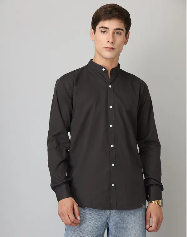 Chinese_Collar_Black_Solid_Tailored_Fit_Cotton_Casual_Shirt_For_Man