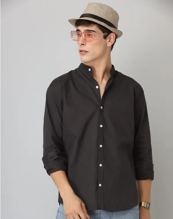 Chinese_Collar_Black_Solid_Tailored_Fit_Cotton_Casual_Shirt_For_Man