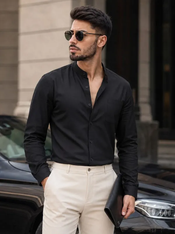 Chinese_Collar_Black_Solid_Tailored_Fit_Cotton_Casual_Shirt_For_Man