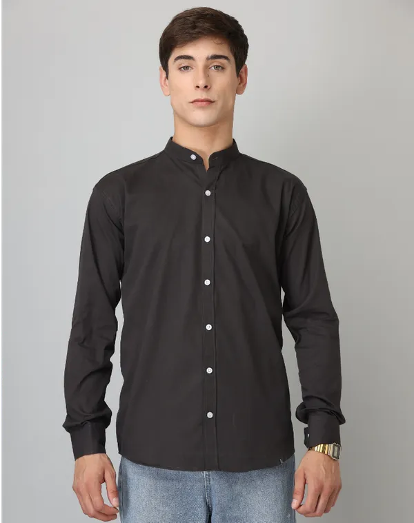 Chinese_Collar_Black_Solid_Tailored_Fit_Cotton_Casual_Shirt_For_Man