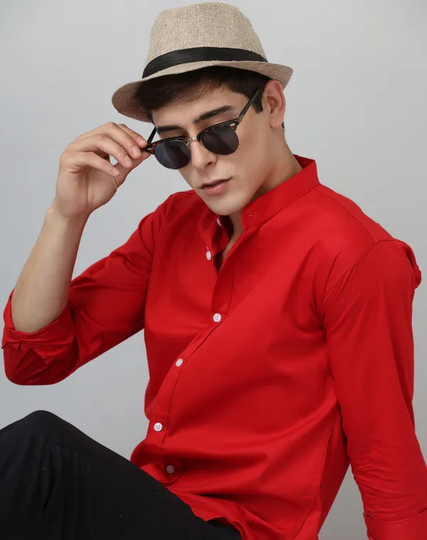 Premium_Chinese_Collar_Red_Tailored_Fit_Cotton_Casual_Shirt_For_Man