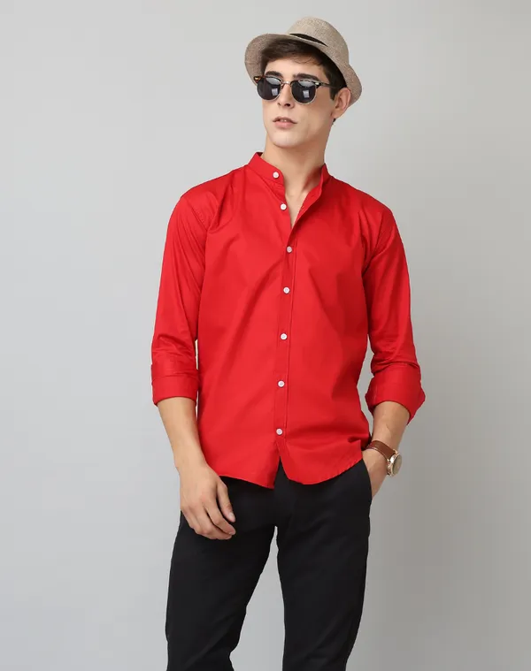 Premium_Chinese_Collar_Red_Tailored_Fit_Cotton_Casual_Shirt_For_Man