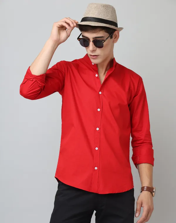 Premium_Chinese_Collar_Red_Tailored_Fit_Cotton_Casual_Shirt_For_Man