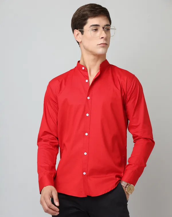 Premium_Chinese_Collar_Red_Tailored_Fit_Cotton_Casual_Shirt_For_Man