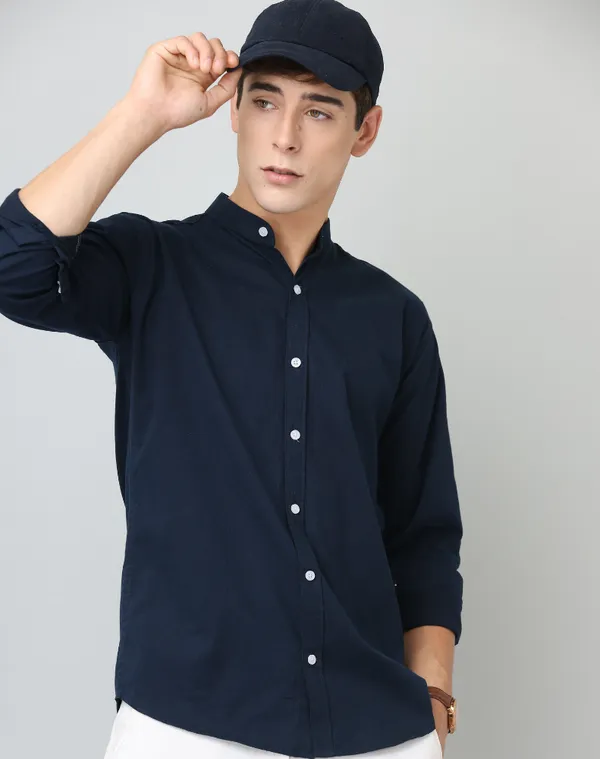 Premium_Chinese_Collar_Navy_Blue_Solid_Tailored_Fit_Cotton_Casual_Shirt_For_Man
