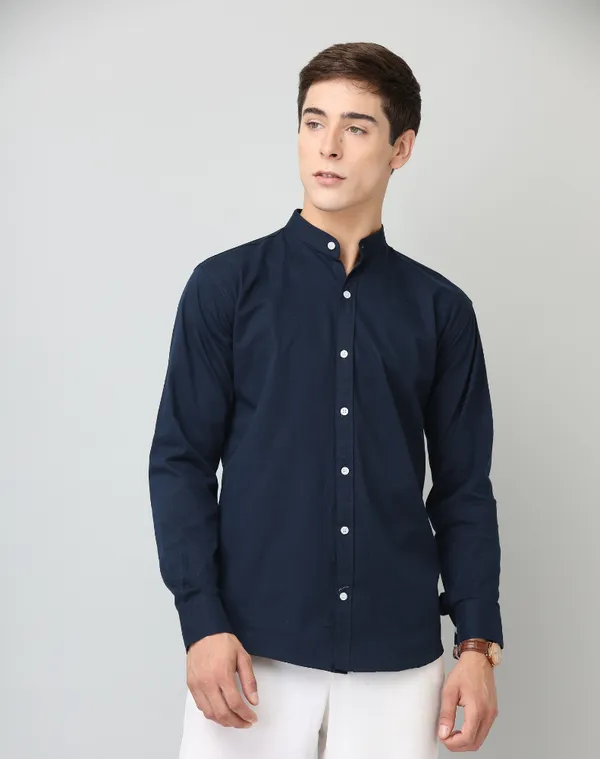 Premium_Chinese_Collar_Navy_Blue_Solid_Tailored_Fit_Cotton_Casual_Shirt_For_Man