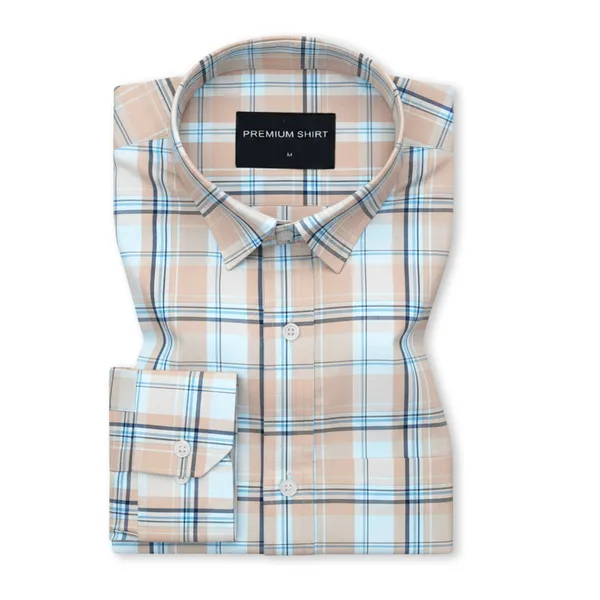 Peach_White_Classic_Check_Paper_Cotton_Shirt_For_Men