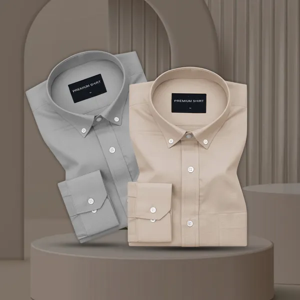Pack_Of_2_Oxford_Cotton_Shirt_For_Men_Silver_Beige