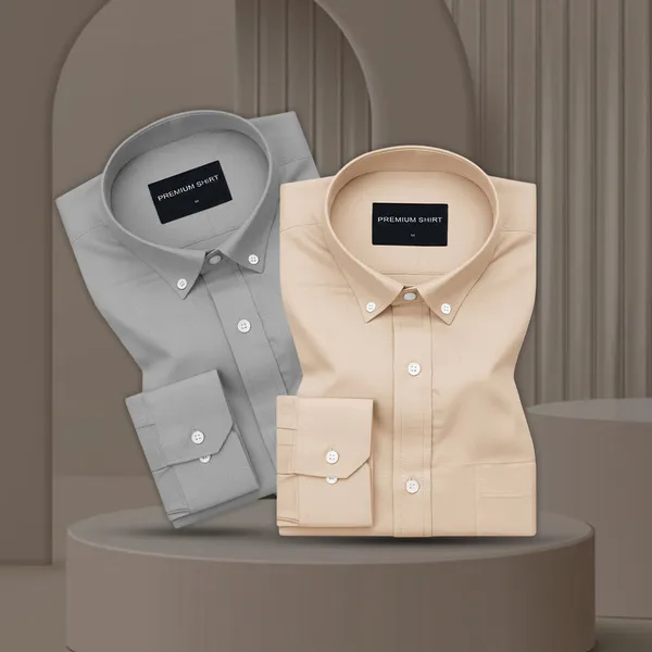 Pack_Of_2_Oxford_Cotton_Shirt_For_Men_Silver_Cream