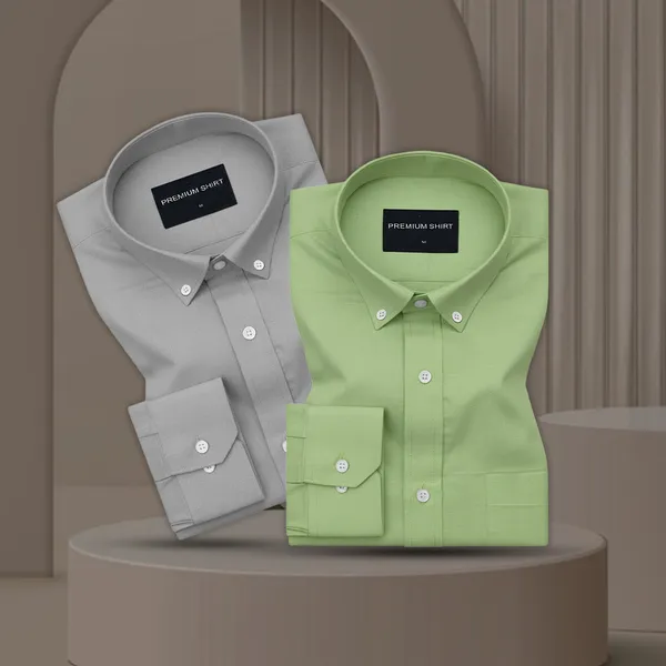 Pack_Of_2_Oxford_Cotton_Shirt_For_Men_Silver_Green