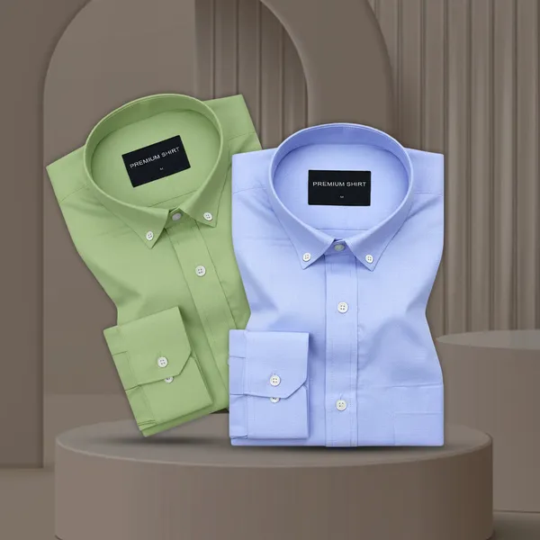 Pack_Of_2_Oxford_Cotton_Shirt_For_Men_Green_Denim_Blue