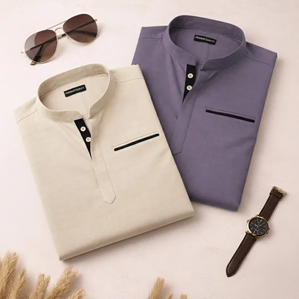 Pack_Of_2_Urban_Fit_Cream_Purple_Short_Linen_Kurta_For_Men