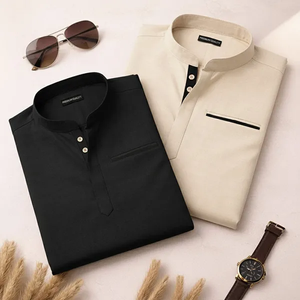 Pack_Of_2_Urban_Fit_Cream_Black_Short_Linen_Kurta_For_Men