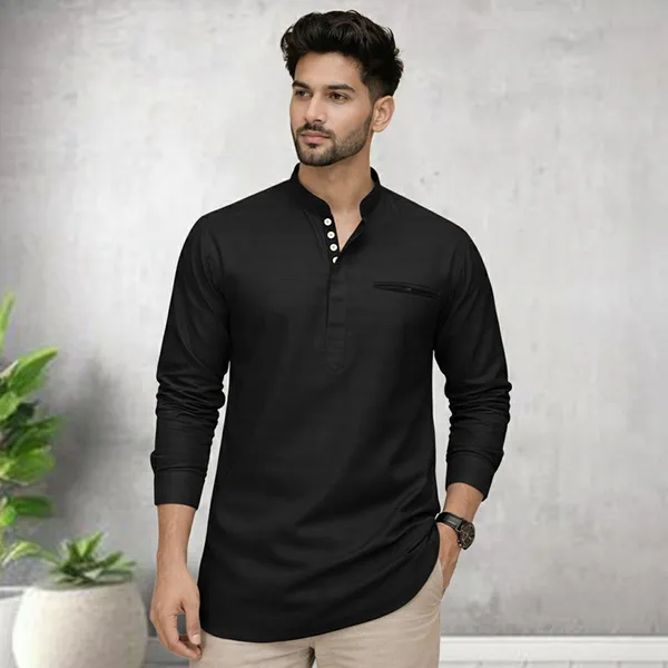 Pack_Of_2_Urban_Fit_Olive_Black_Short_Linen_Kurta_For_Men