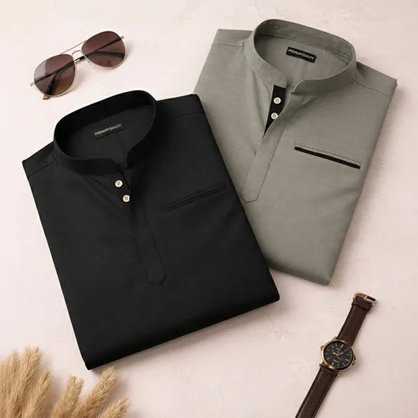 Pack_Of_2_Urban_Fit_Olive_Black_Short_Linen_Kurta_For_Men
