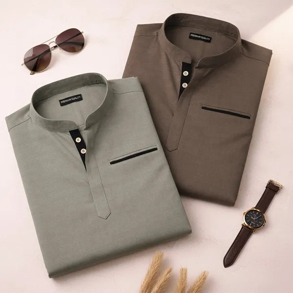 Pack_Of_2_Urban_Fit_Olive_Mehendi_Short_Linen_Kurta_For_Men