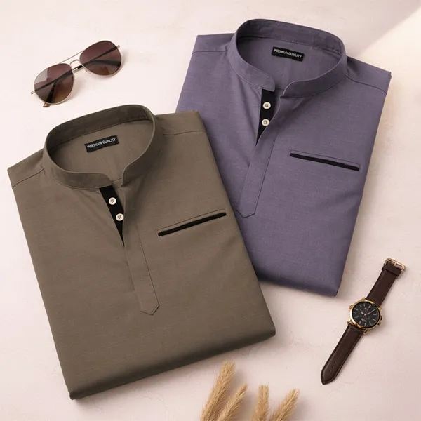 Pack_Of_2_Urban_Fit_Mehendi_Purple_Short_Linen_Kurta_For_Men