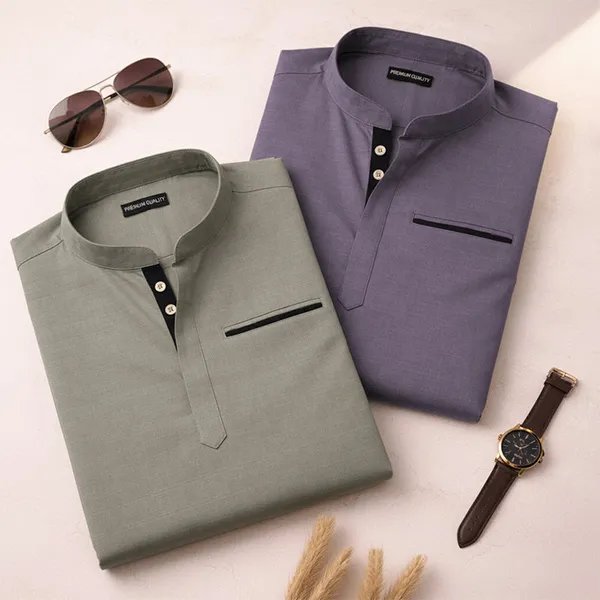 Pack_Of_2_Urban_Fit_Olive_Purple_Short_Linen_Kurta_For_Men