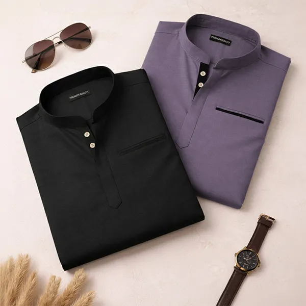 Pack_Of_2_Urban_Fit_Black_Purple_Short_Linen_Kurta_For_Men