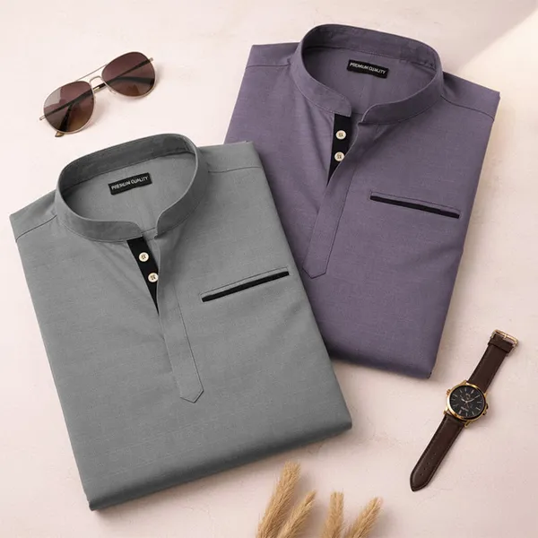 Pack_Of_2_Urban_Fit_Grey_Purple_Short_Linen_Kurta_For_Men