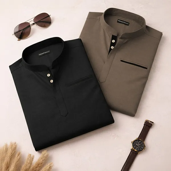 Pack_Of_2_Urban_Fit_Black_Mehendi_Short_Linen_Kurta_For_Men