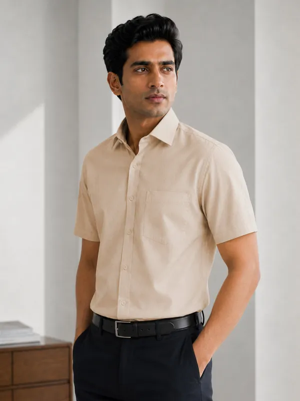 Half_Sleeve_Paper_Cotton_Cream_Shirt_For_Men