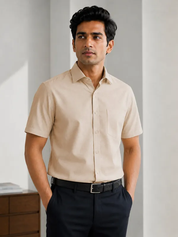 Half_Sleeve_Paper_Cotton_Cream_Shirt_For_Men