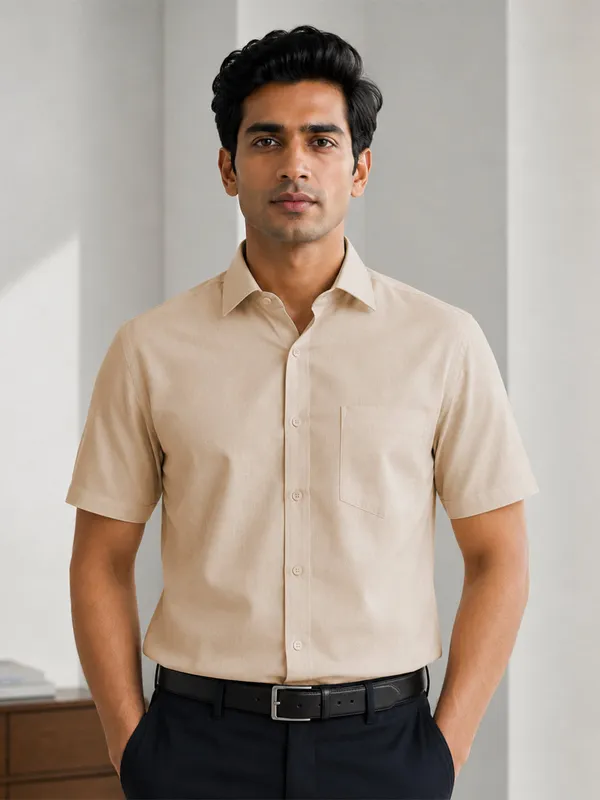 Half_Sleeve_Paper_Cotton_Cream_Shirt_For_Men