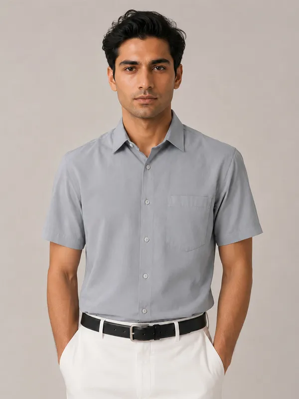 Half_Sleeve_Paper_Cotton_Silver_Shirt_For_Men