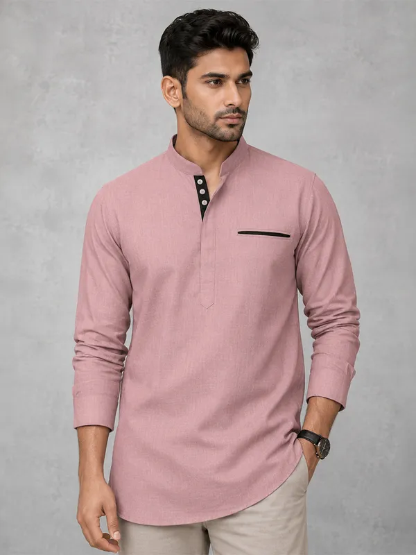 Urban_Fit_Rose_Gold_Short_Linen_Kurta_For_Men