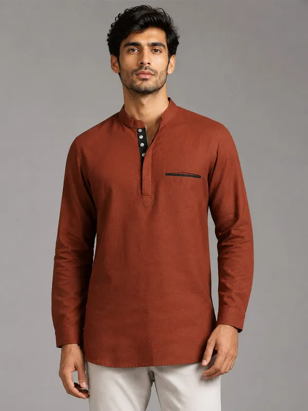 Urban_Fit_Orange_Short_Linen_Kurta_For_Men