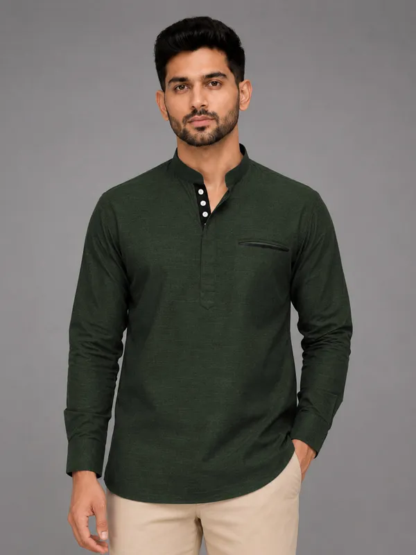 Pack_Of_2_Urban_Fit_Light_Blue_Bottle_Green_Short_Linen_Kurta_For_Men