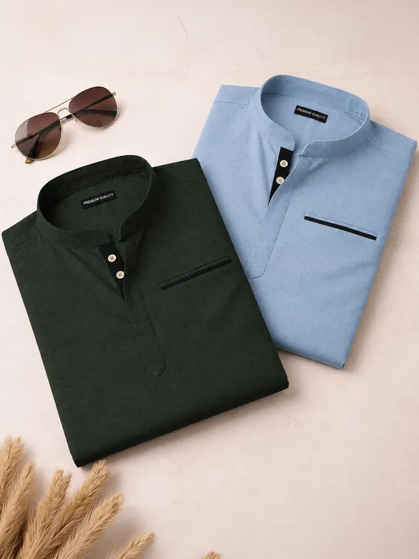Pack_Of_2_Urban_Fit_Light_Blue_Bottle_Green_Short_Linen_Kurta_For_Men