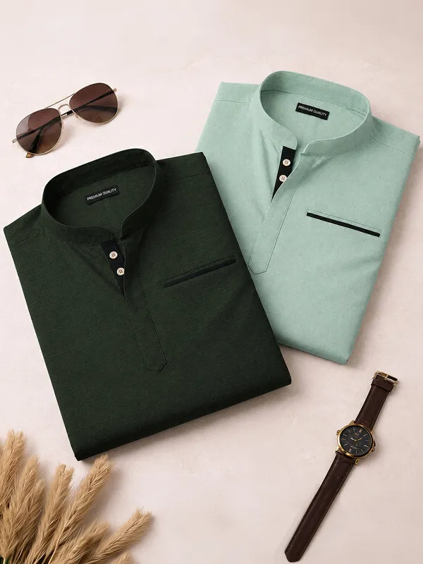 Pack_Of_2_Urban_Fit_Bottle_Green_Sea_Green_Short_Linen_Kurta_For_Men