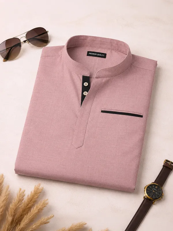 Pack_Of_2_Urban_Fit_Bottle_Green_Rose_Gold_Short_Linen_Kurta_For_Men