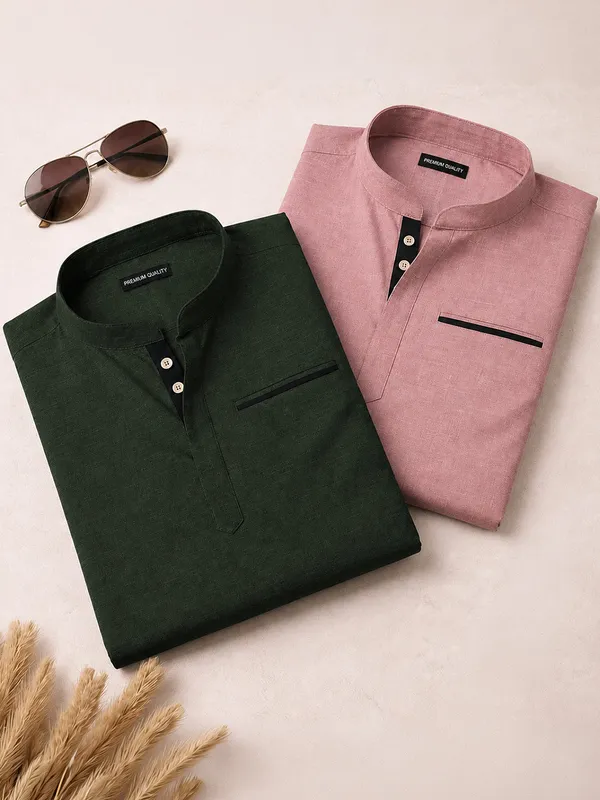 Pack_Of_2_Urban_Fit_Bottle_Green_Rose_Gold_Short_Linen_Kurta_For_Men