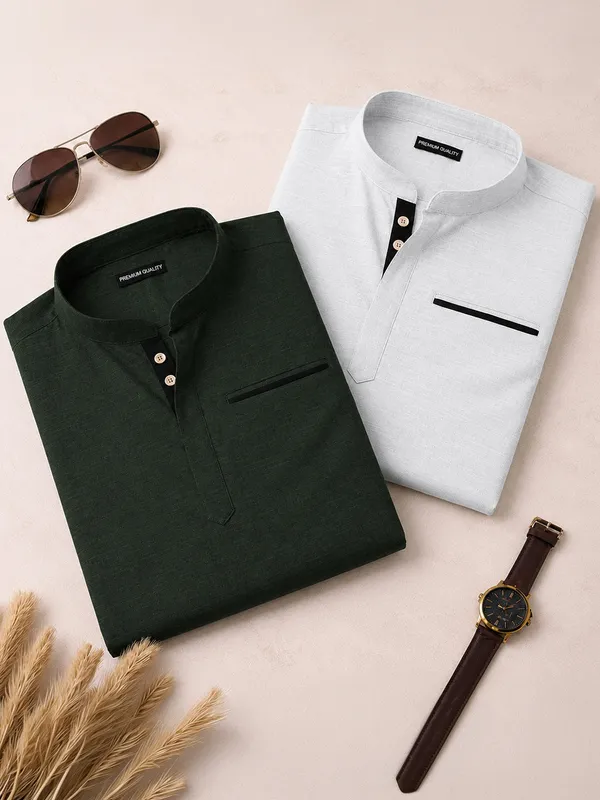 Pack_Of_2_Urban_Fit_Bottle_Green_White_Short_Linen_Kurta_For_Men