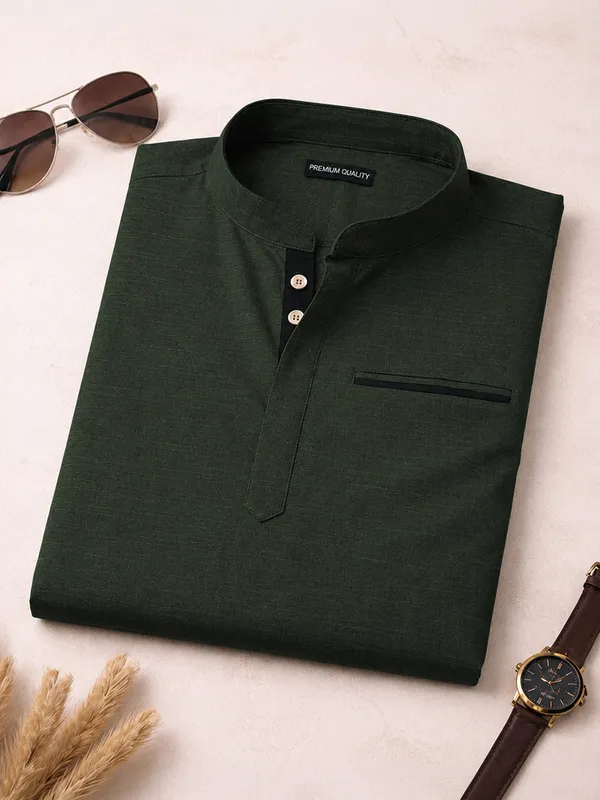 Pack_Of_2_Urban_Fit_Bottle_Green_White_Short_Linen_Kurta_For_Men