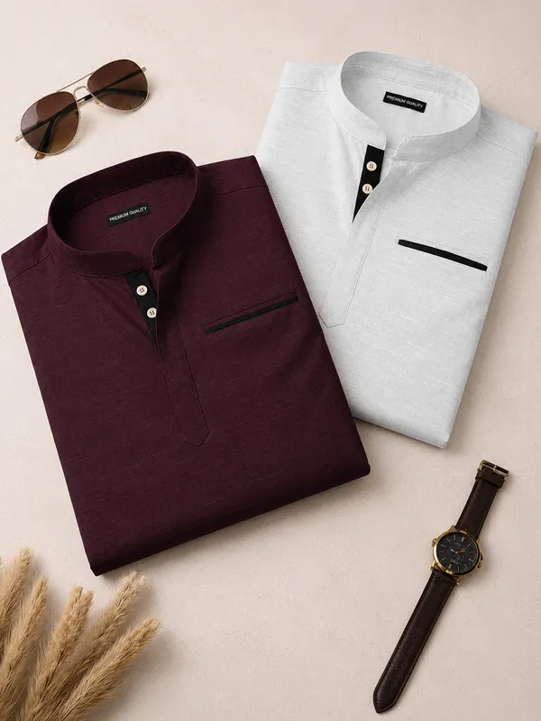 Pack_Of_2_Urban_Fit_Wine_White_Short_Linen_Kurta_For_Men